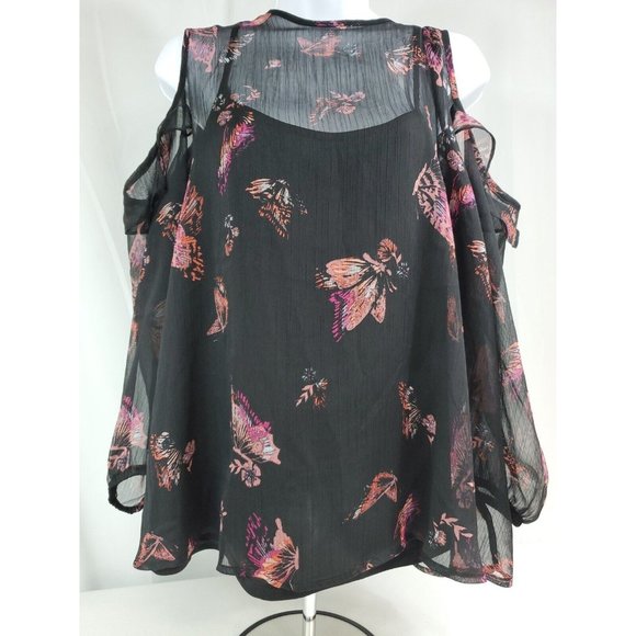 MUDD Womens CHIFFON COLD SHOULDER TOP Ruffle Trim Black Butteflies Size 1X New - Picture 1 of 12